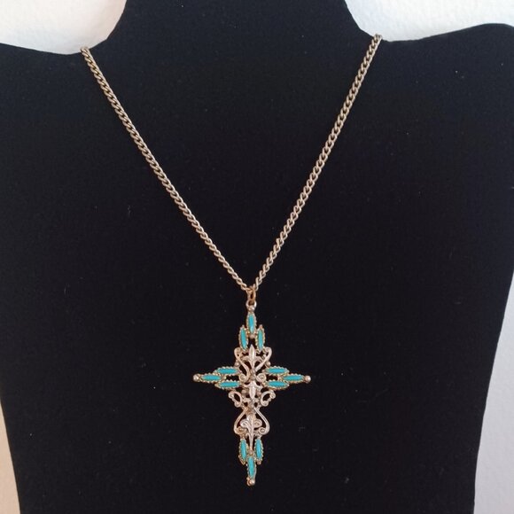 Vintage 1970s Faux Turquoise Filigree Cross Necklace Signed Roma - Picture 1 of 7